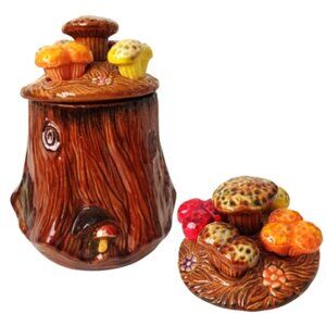 VINTAGE TREE STUMP SWIRLS MUSHROOMS CLUSTER CANISTER COOKIE JAR
